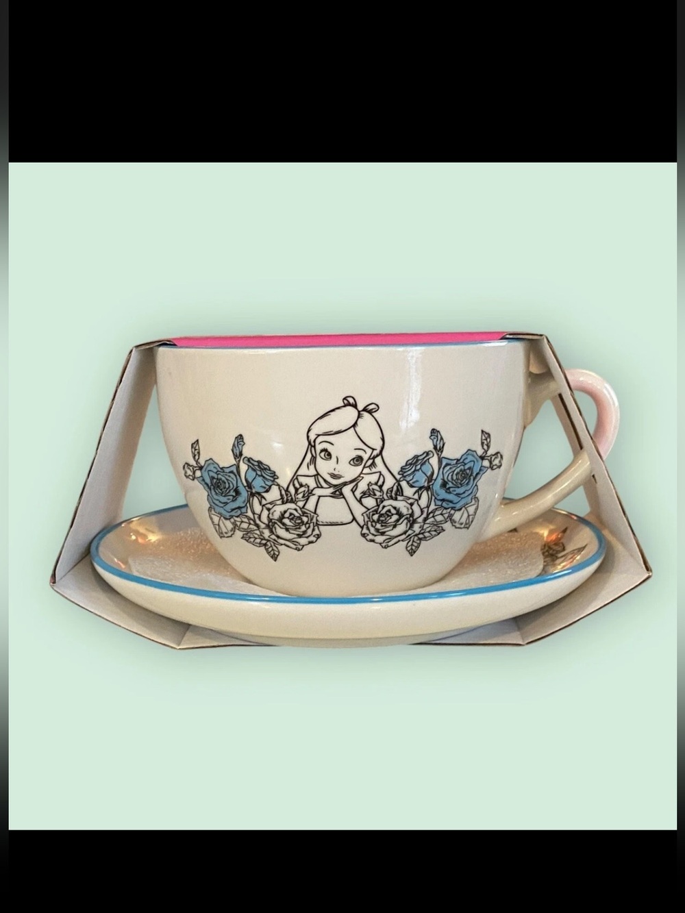 Disney Alice in Wonderland Teacup & Saucer — Cream, Blue, Pink